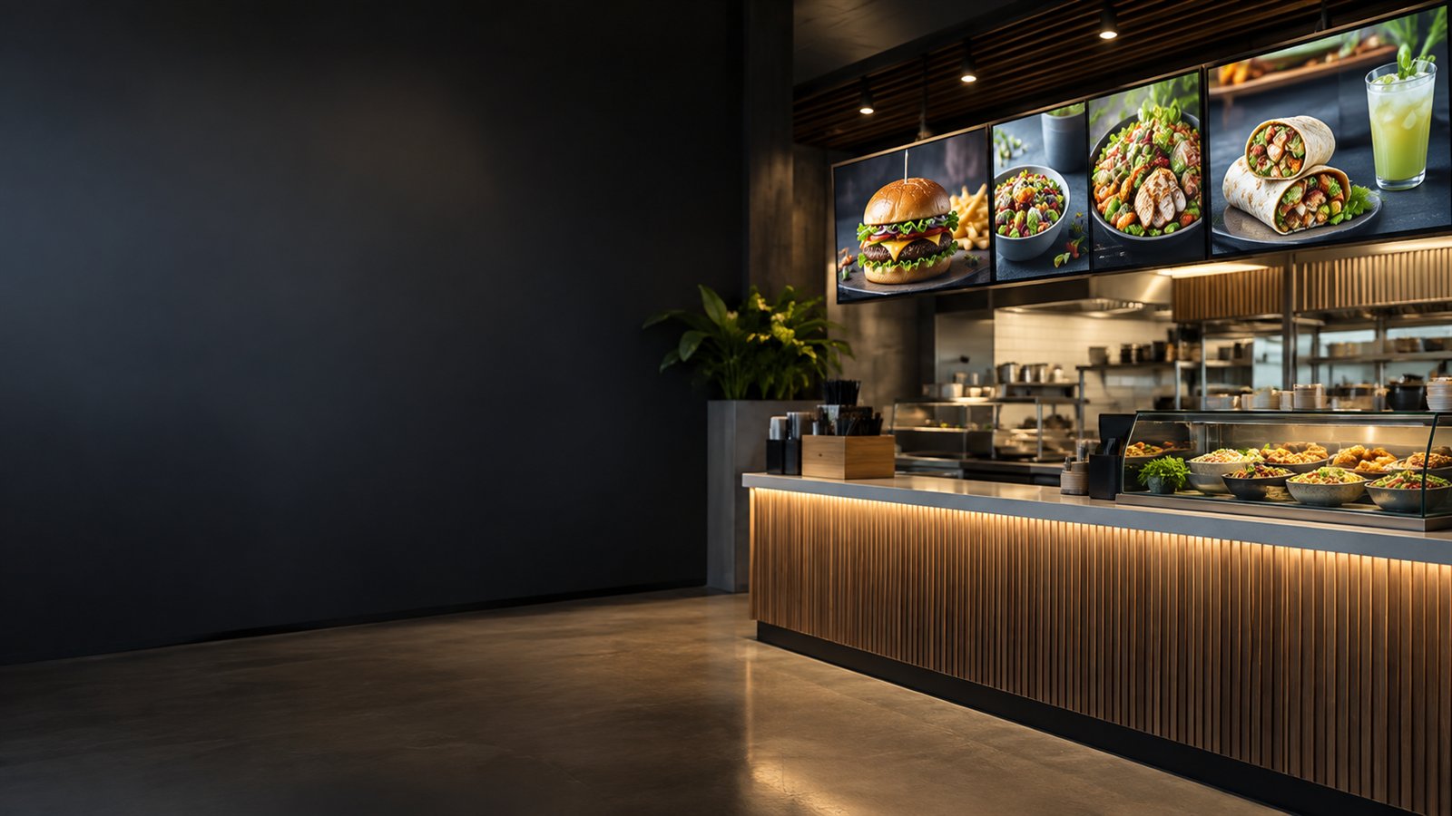 Digital menu displays above a restaurant counter