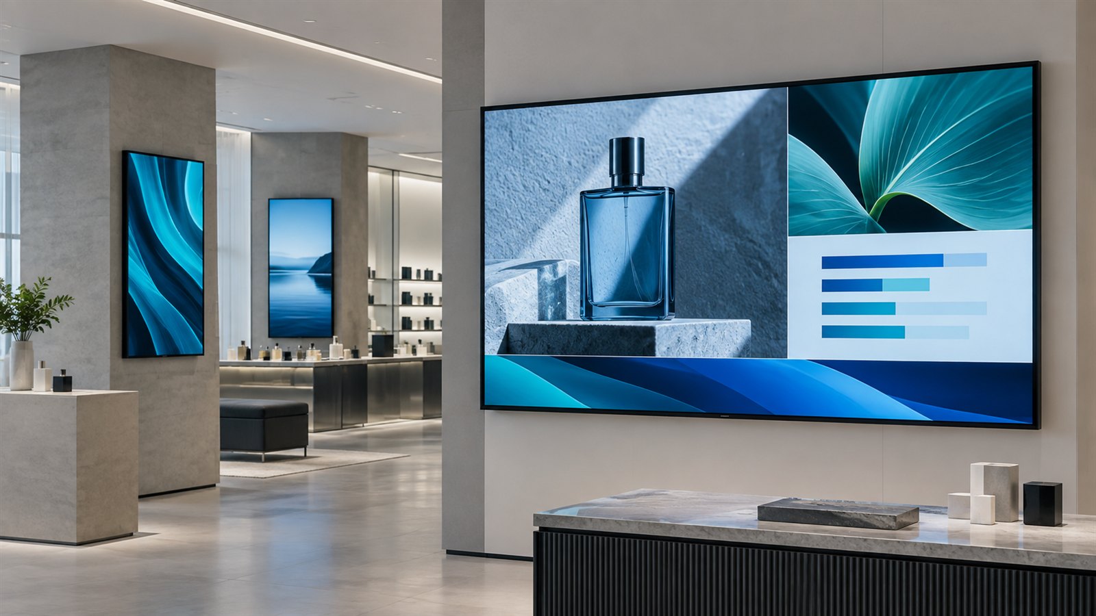Illustrative Mosaic multi-zone signage and grouped portrait displays