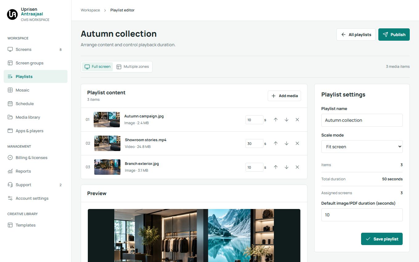 Playlist content and playback settings in the CMS
