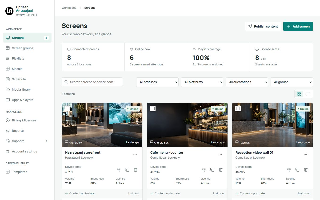 Your screen network, at a glance. Uprisen CMS product interface.
